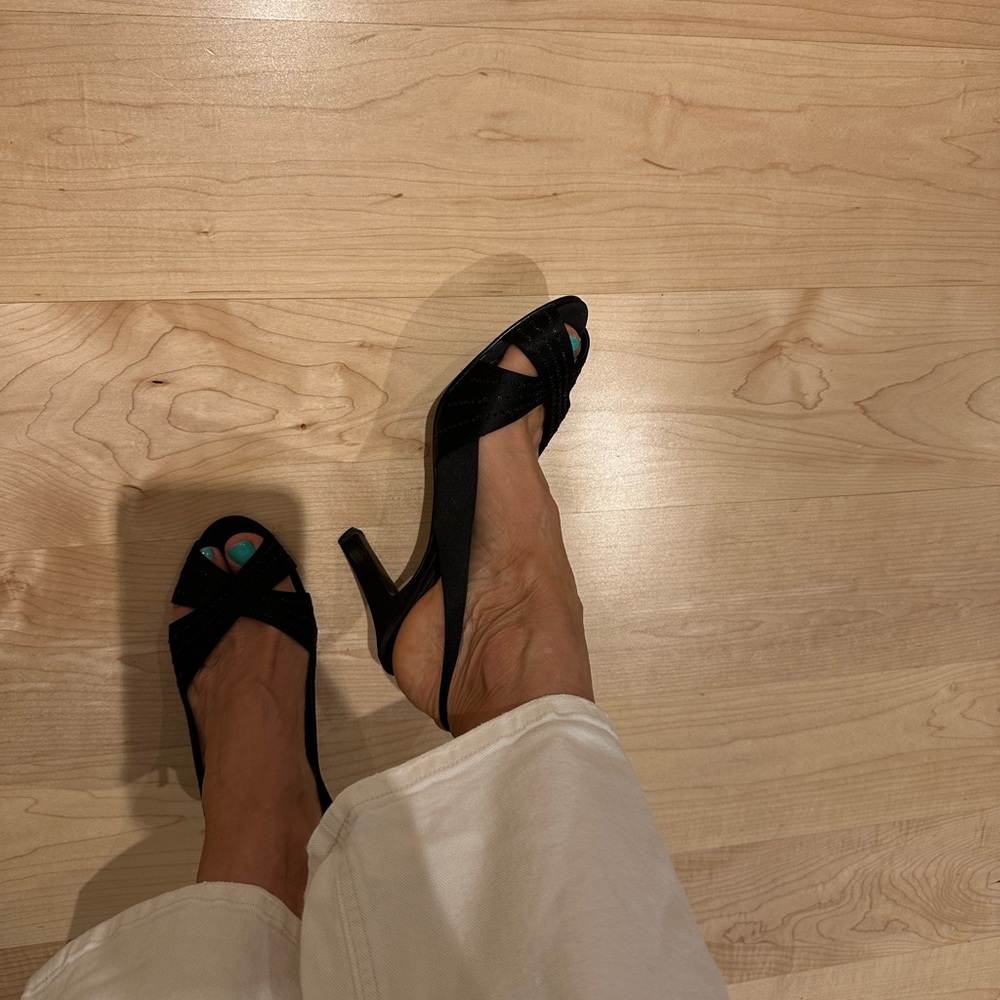 Nina Elegant Black Satin Slingback Heels with Studded Crisscross Straps - Picture 12 of 14